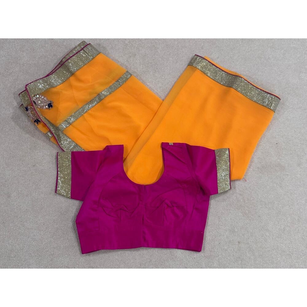 Yellow & Magenta Pink Georgette Sari Saree W/ Matching Stitched Blouse Set